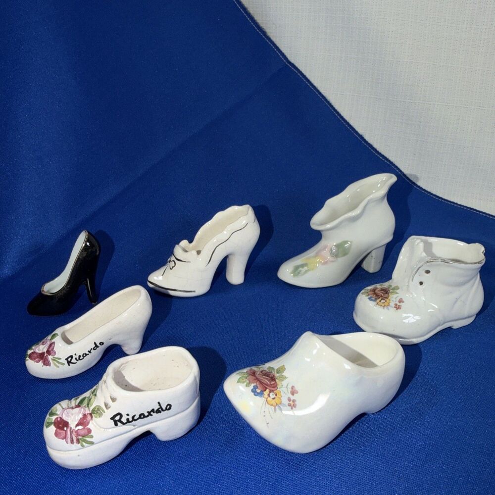 Miniature Porcelain Shoe Figurines Lot Unmarked Ceramic Floral Slippers Set of 7